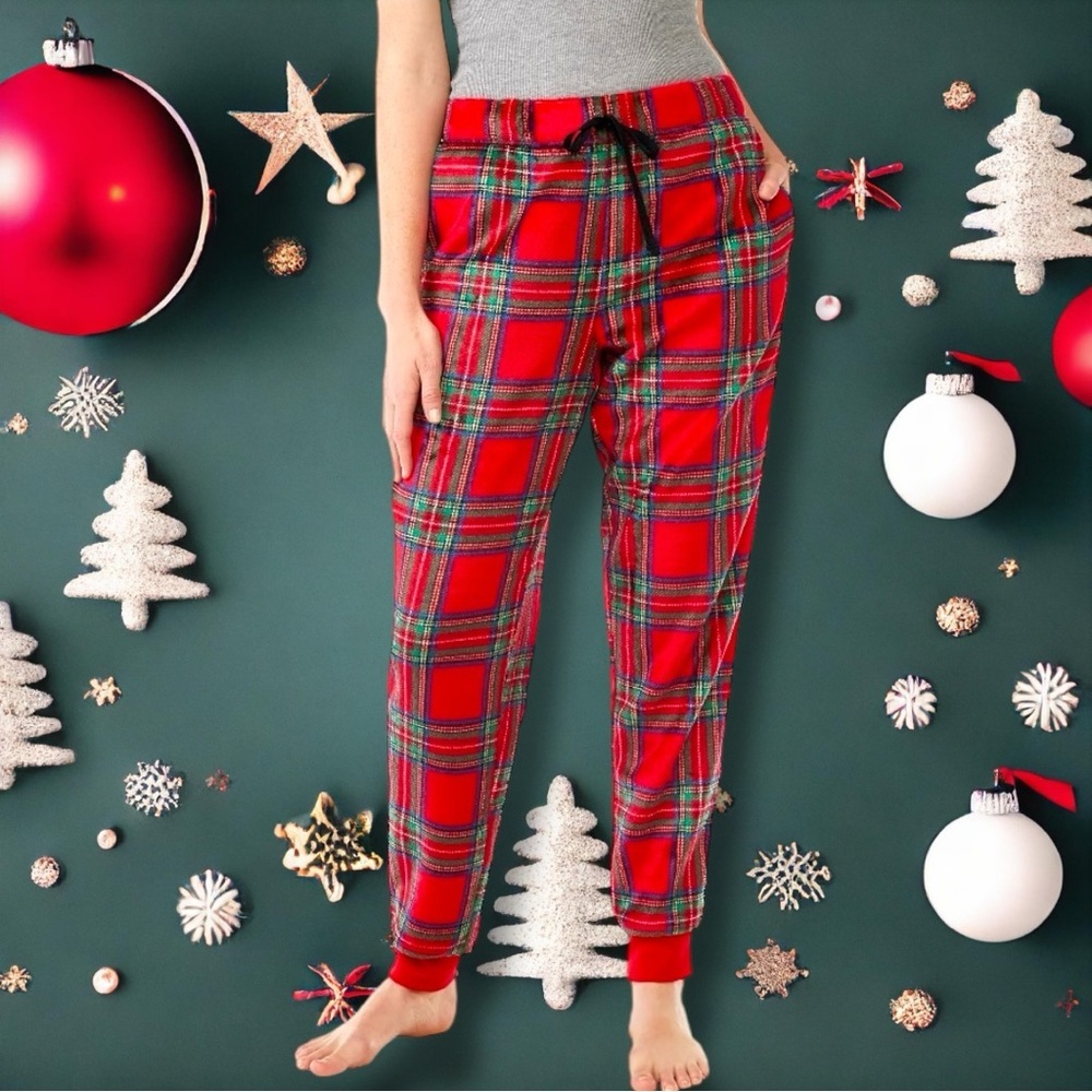 Joyspun Women's Size M (12-14) Red/Green Plaid Cuffed Sleep Pants Poly-Spandex